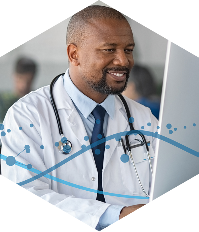 Website Image - Hospital Page - Doctor Using Computer With TDS Elements Hexagon