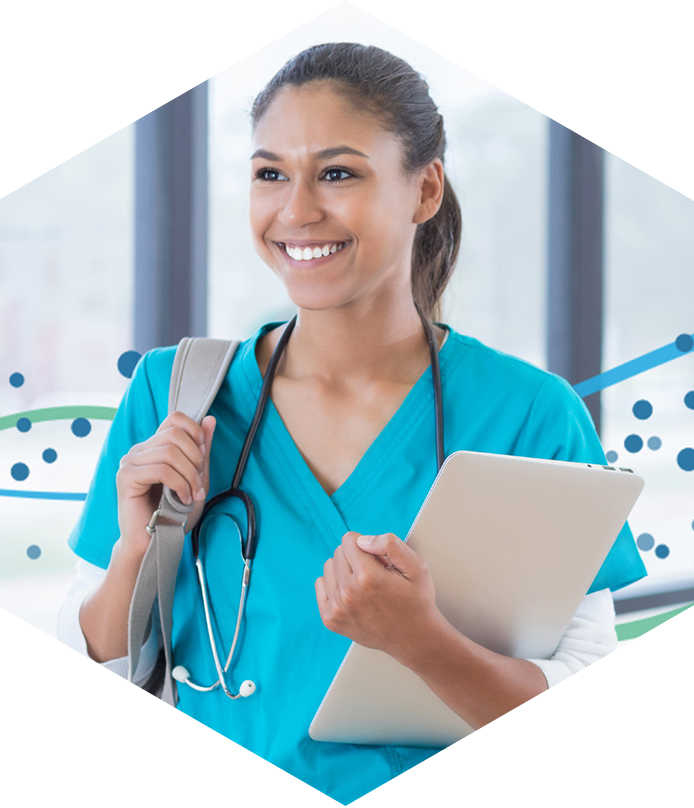 Website Image - Nursing Page - Animated Stats Module - Nursing Student With Backpack and Laptop and TDS Elements - Hexagon