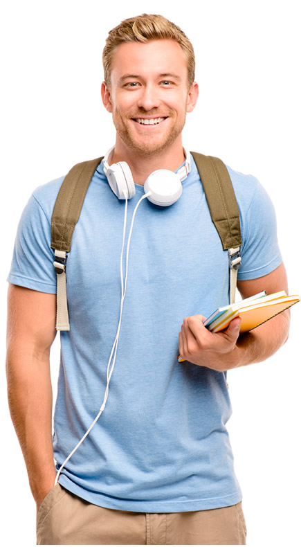 Smiling man holding notebooks,wearing white headphones around neck