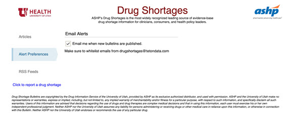 Drug Shortages Alert Preferences