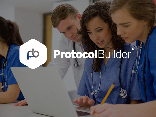 Protocol Builder Logo and product image on a digital tablet